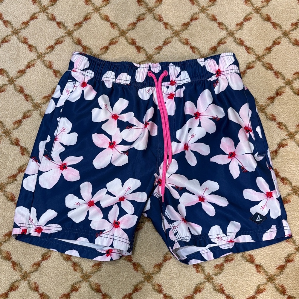Sperry Men's Floral Print Swim Trunks - Pink & White Flowers (Small)